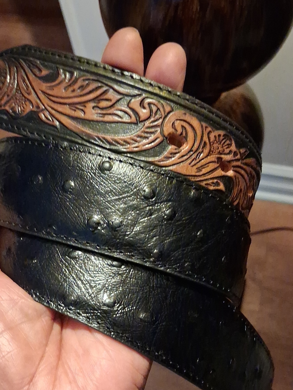 Tony Lama Vintage  Men's Embossed Black and Brown Leather Belt - Picture 3 of 13